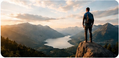 A person overlooking a mountain valley at sunrise